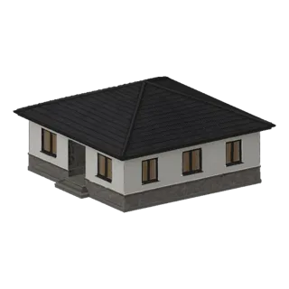 3D модель современного одноэтажного дома с белыми стенами, каменным цоколем и темной черепичной крышей, вид под небольшим угл