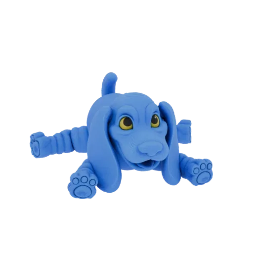 3D-модель синей эластичной игрушки-собаки, лежащей с вытянутыми конечностями, с желтыми глазами и игривым выражением.
