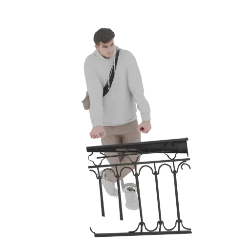 3D модель молодого человека в светлой толстовке и бежевых брюках, опирающегося на черные металлические перила балкона, смотрящего в сторону.