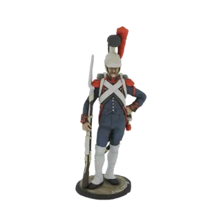 3D model of a French Line Infantryman from 1812, wearing a blue uniform with red accents and a tall shako, holding a musket.