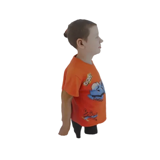 3D модель мальчика в профиль в оранжевой футболке с принтом.