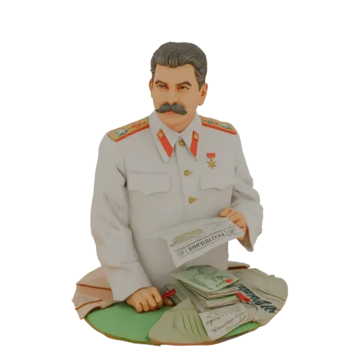 3D модель бюста Иосифа Сталина в военной форме, держащего бумаги и склонившегося над столом.