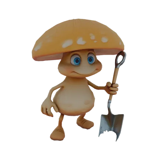 3D модель милого, мультяшного гриба-персонажа с большой оранжевой шляпкой и голубыми глазами, держащего небольшую лопату.