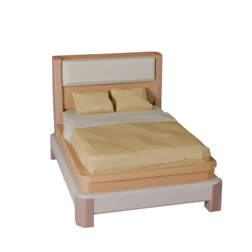 Низкополигональная 3D модель кровати Queen Size, спальня, вид в три четверти игрового окна, детали ткани.