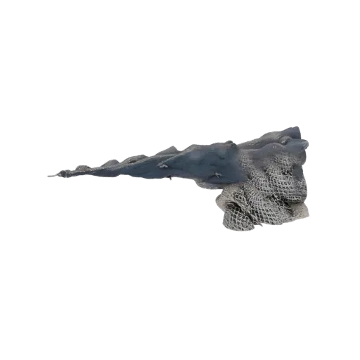 3D модель шипастого объекта из текстурированной серой ткани с заостренным концом и более широким, слоистым основанием.