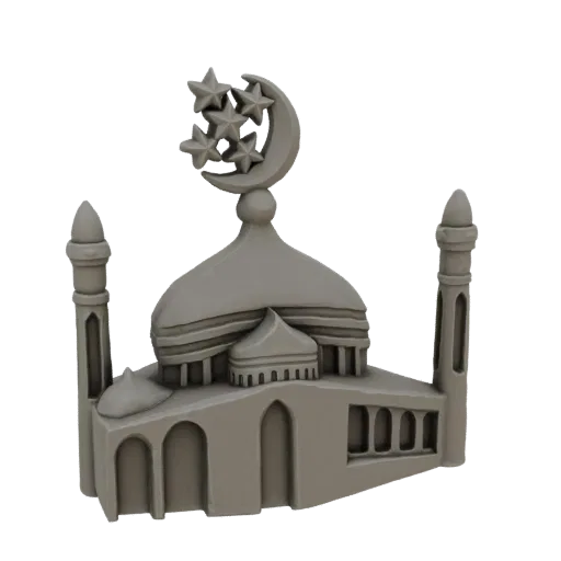 3D модель стилизованной исламской мечети с двумя минаретами, центральным куполом и полумесяцем со звездами наверху.