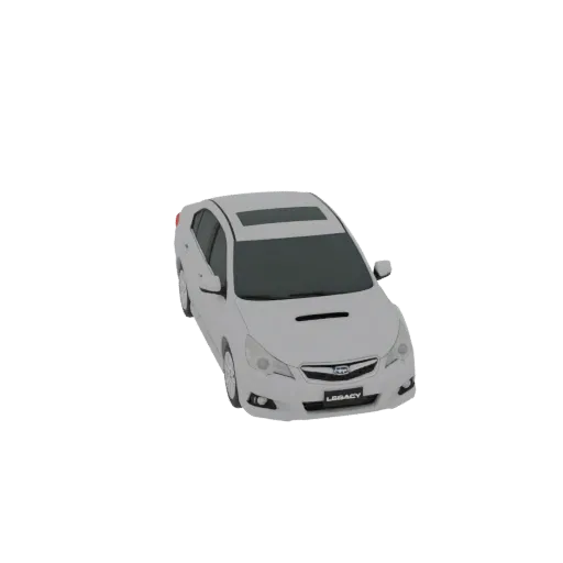3D модель белого седана Subaru Legacy, вид с немного приподнятого передне-правого угла.