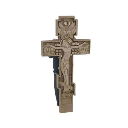 3D модель православного креста с детальной резьбой Иисуса Христа, ангелов и святых.