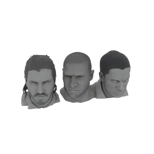 3D рендер трех разных мужских голов: одна с длинными волосами, одна лысая и одна с короткими волосами, все с серьезными выраж