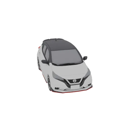 3D модель Nissan Leaf Nismo 2018 года, вид спереди и сбоку, белый кузов с черной крышей и красными акцентами