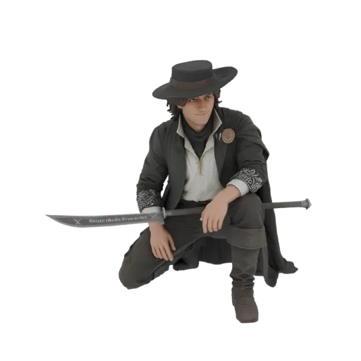 3D модель персонажа-мушкетёра в позе crouching, с ятаганом, в шляпе и пальто.