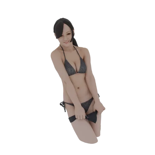 3D модель молодой девушки в темном сверкающем бикини, стоящей на коленях и поправляющей низ купальника с игривым выражением л
