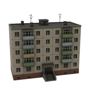 3D-модель светло-бежевого советского многоквартирного дома с несколькими этажами, балконами и антеннами на крыше.