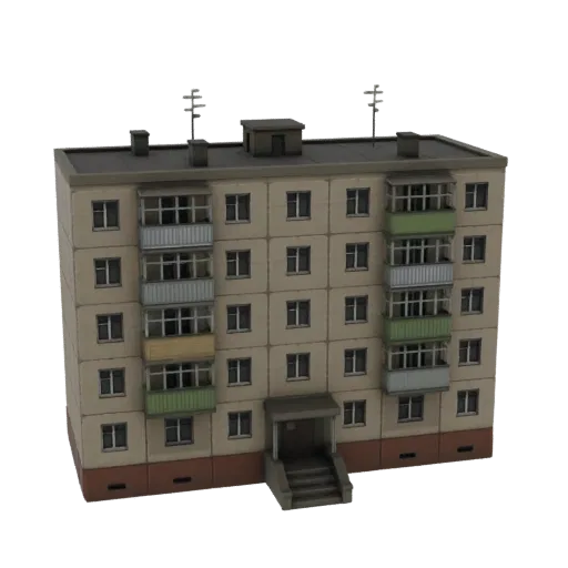3D-модель светло-бежевого советского многоквартирного дома с несколькими этажами, балконами и антеннами на крыше.