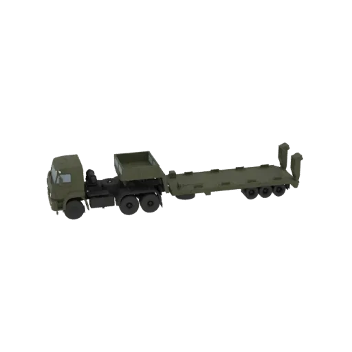 3D модель зеленого военного тягача для перевозки тяжелой техники с длинным прицепом, показанная сбоку на белом фоне.