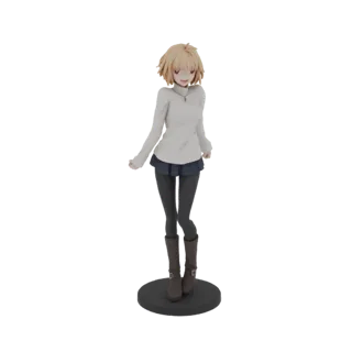 3D модель аниме девушки со стрижкой блонд боб, в белой рубашке с длинными рукавами, синей юбке и коричневых ботинках, стоящая