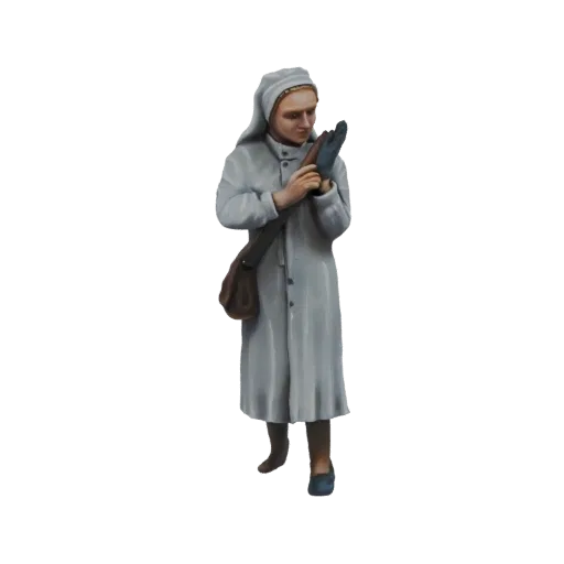 3D модель медсестры Первой мировой войны в униформе, держащей бинты, с сумкой через плечо.