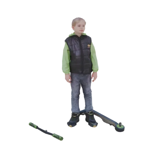 Рендер 3D модели мальчика со светлыми волосами в зеленой толстовке и черной жилетке, стоящего на самокате с отдельным рулем.