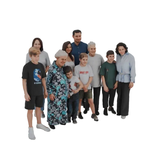 AI-сгенерированная 3D модель разнообразной группы семьи, стоящей вместе, улыбающейся и смотрящей на зрителя.