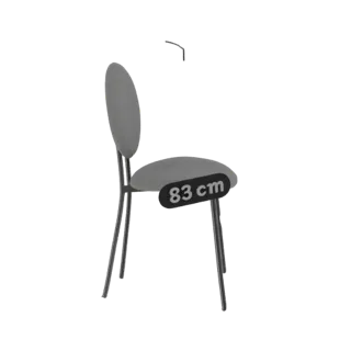 3D model of a modern grey dining chair with slender dark legs and an '83 cm' height marker on the seat.