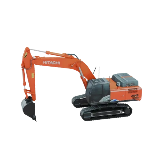 Реалистичная 3D модель оранжевого экскаватора Hitachi с черным ковшом и гусеницами на белом фоне.