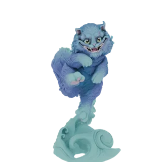 3D модель синего Чеширского Кота с широкой ухмылкой, прыгающего на вихревом бирюзовом основании, на белом фоне.