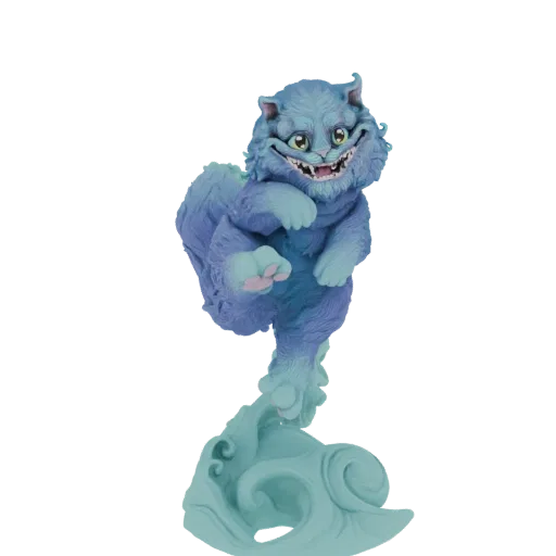 3D модель синего Чеширского Кота с широкой ухмылкой, прыгающего на вихревом бирюзовом основании, на белом фоне.