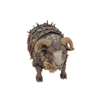 3D модель монстра-барана в ржавой броне с шипами и треснутыми рогами, вид спереди