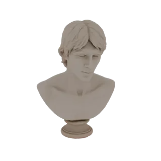 3D модель классического бюста мужчины со струящимися волосами и безмятежным выражением лица, установленная на постаменте.