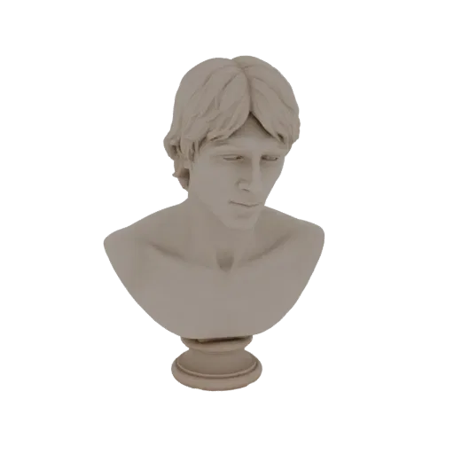 3D модель классического бюста мужчины со струящимися волосами и безмятежным выражением лица, установленная на постаменте.