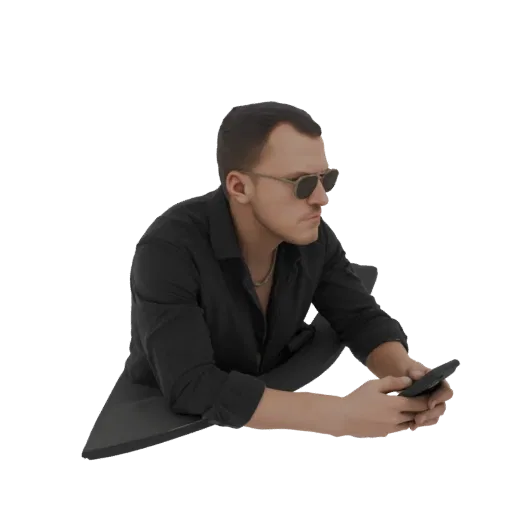 3D модель мужчины в черной рубашке и солнцезащитных очках, опирающегося и держащего смартфон.