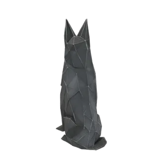 Темная, геометрическая, низкополигональная 3D модель сидящего волка, вид сзади.