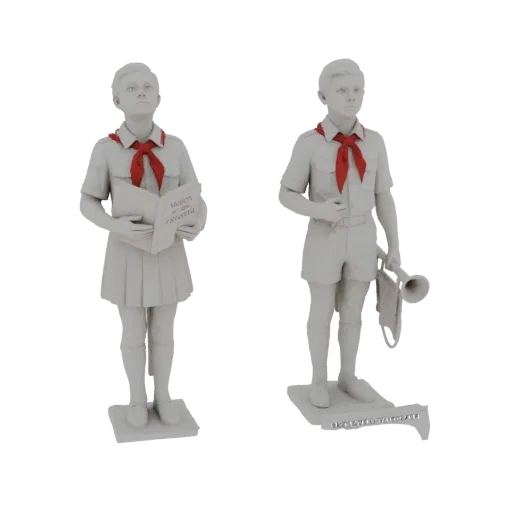 3D модель двух советских детей-пионеров, девочка с книгой и мальчик с трубой, на белом фоне.
