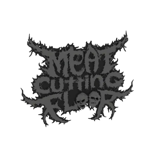 3D-модель логотипа 'Meat Cutting Floor' с черепами и острыми готическими буквами на черном фоне.