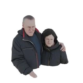 3D модель пары в темных зимних куртках, мужчина обнимает женщину.