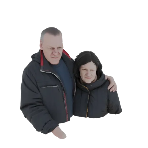 3D модель пары в темных зимних куртках, мужчина обнимает женщину.