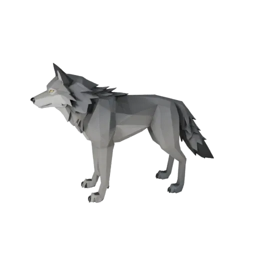 Низкополигональная 3D-модель серого волка, вид сбоку в игровом ракурсе, низкополигональная модель животного с ритмом ног, объ