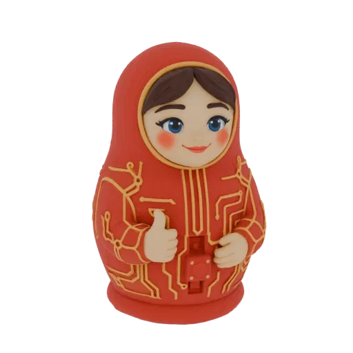 3D модель красной матрешки с золотыми узорами печатных плат, показывающая большой палец вверх.