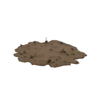 3D модель участка песчаной земли с разбросанными камнями и редкой сухой растительностью, вид под небольшим углом сверху.