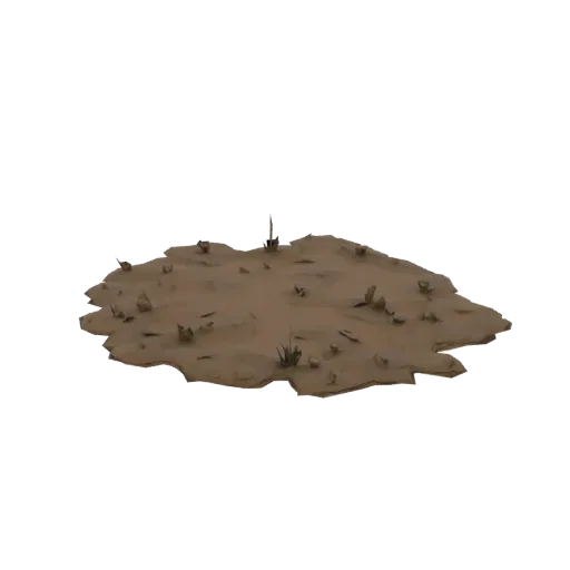 3D модель участка песчаной земли с разбросанными камнями и редкой сухой растительностью, вид под небольшим углом сверху.