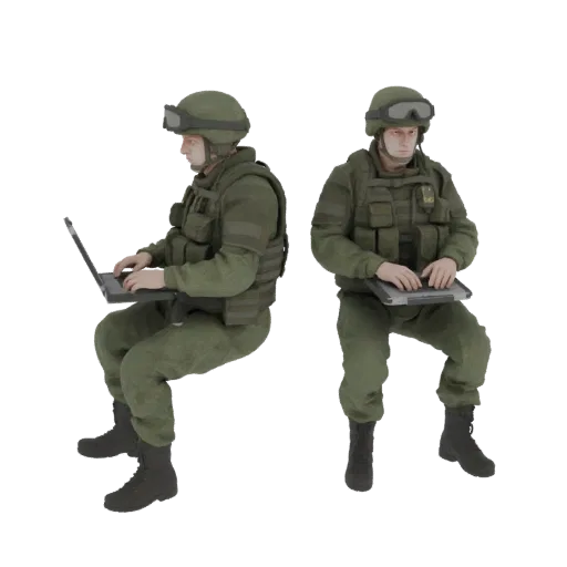 3D модель солдата в зеленом тактическом снаряжении, в шлеме и очках, сидящего за ноутбуком и печатающего.