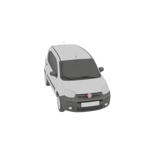 Белая 3D модель автомобиля Fiat Panda, вид с немного приподнятого передне-левого угла на белом фоне.