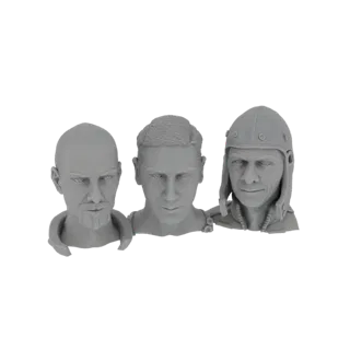 3D-рендер трех различных мужских бюстов: один бритый с бородой, один с короткими волосами и один в шлеме.