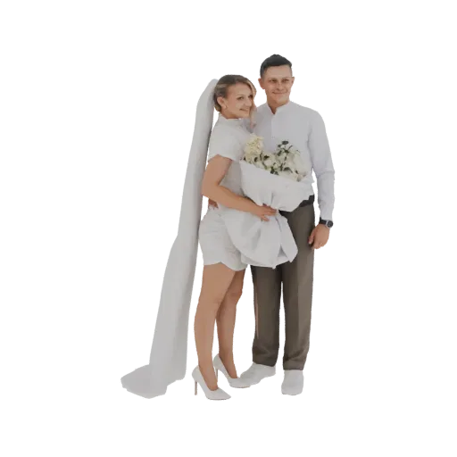 3D model of a smiling bride in a short white dress and veil, and a groom in a white shirt and brown pants, holding a bouquet