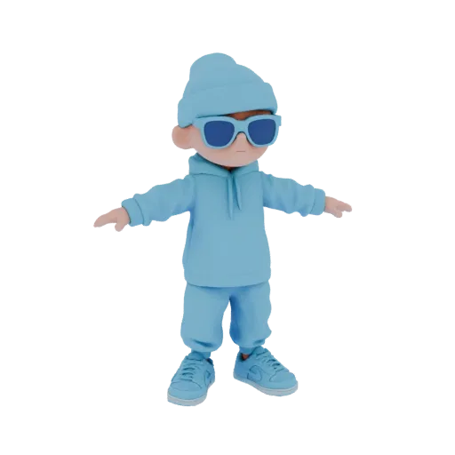 3D модель стилизованного мальчика в синем худи, шапке и солнцезащитных очках, стоящего в T-позе.