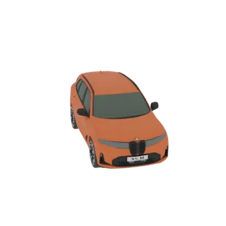 3D-рендер оранжевого внедорожника BMW X5 M, вид спереди под углом три четверти на белом фоне.