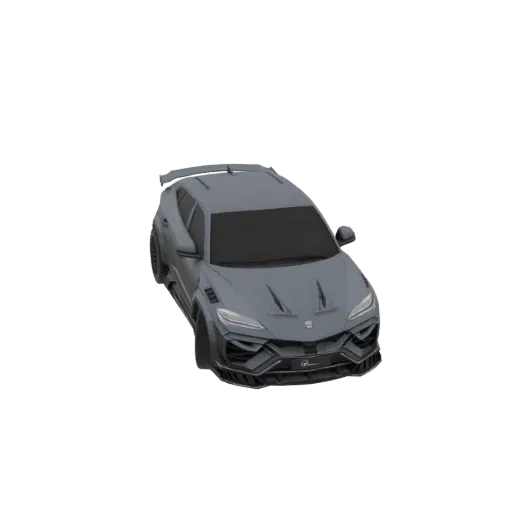 3D модель серого агрессивного внедорожника widebody с кастомным боди-китом, вид спереди три четверти.