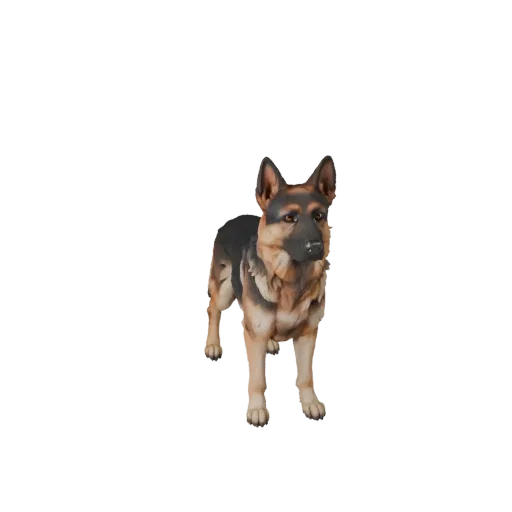3D модель немецкой овчарки, вид сбоку игровой камерой, готовый к использованию в Unity ассет животного с плоскостями морды, п