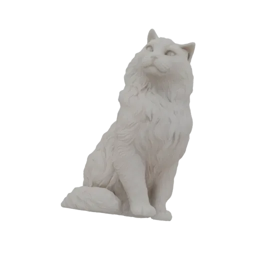 Детализированная 3D модель пушистой белой скульптуры кошки, сидящей и смотрящей вверх.