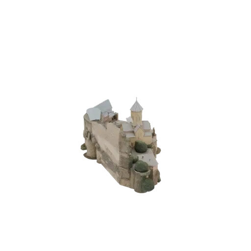 3D модель крепости Нарикала, историческая каменная цитадель со стенами и церковью на крутом холме.